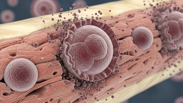 Scientific 3D illustration of embryonic cell division and zygote implantation on biological tissue surface representing human reproduction and medical science development