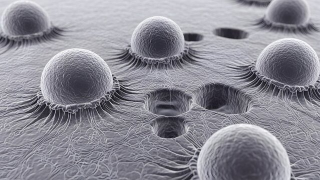 Scanning Electron Microscope Image of Spherical Bacteria Colonies on a Biofilm Surface Showing Microscopic Cellular Structures and Biological Textures