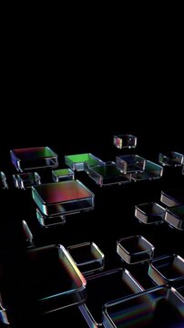 Abstract glass cubes on a black background, vertical 4k seamless loop 3d animation
