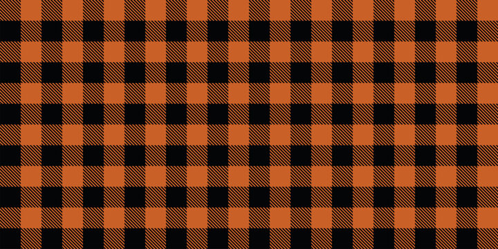 Bold orange and black buffalo check pattern featuring diagonal stripe texture, seamless geometric background for fabric, apparel, wallpaper, seasonal decor, outdoor themes and packaging