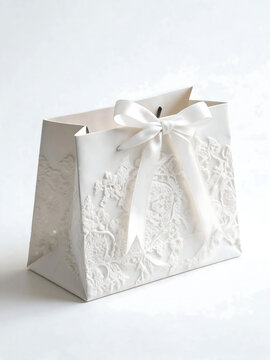 white lace decorative gift tote bags with ivory satin bow, minimalist pure white solid background, soft studio shadow, wedding bridal favor packaging product mockup photo E-commerce marketing poster B
