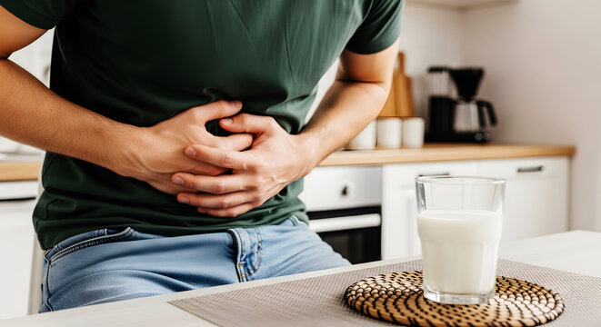 Man holding stomach in pain with glass of milk in kitchen image