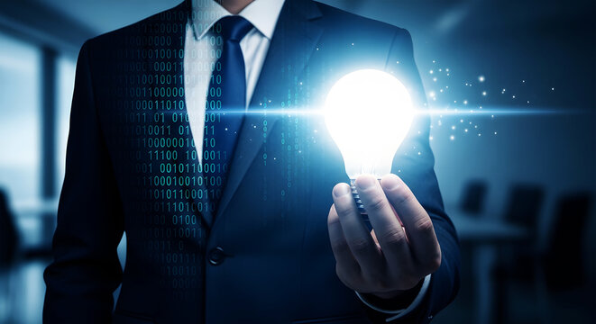 Man in dark suit holding glowing light bulb with binary code overlay blue