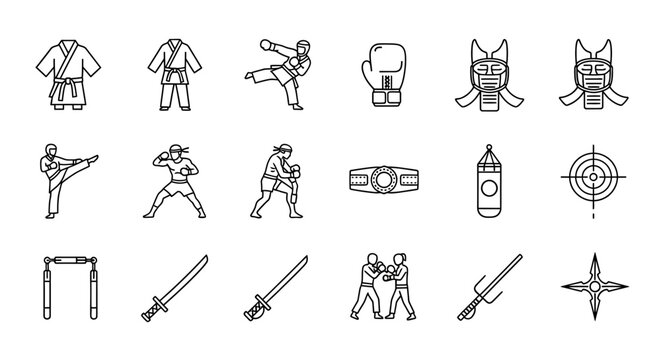 Martial arts icons karate uniform fighter weapons and training gear