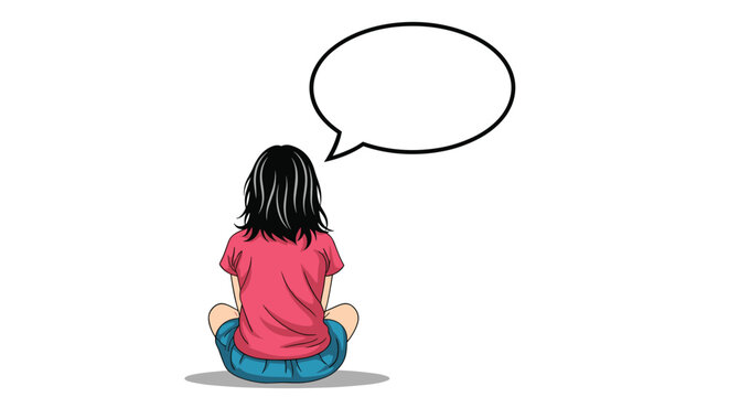 Girl with long dark hair sitting on the ground seen from behind with a large empty speech bubble above her head for custom text.