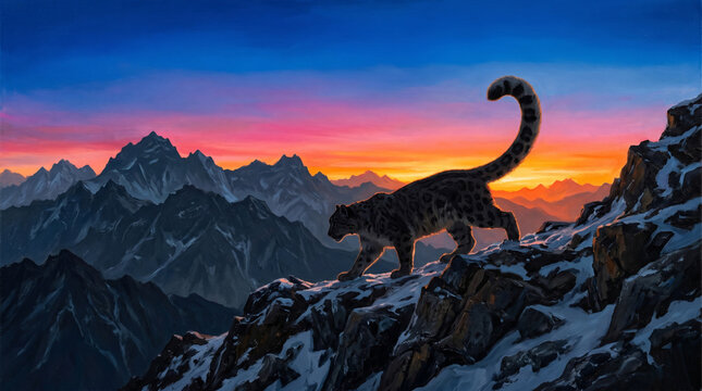 A snow leopard silhouette on a Himalayan ridge at sunset, with vibrant colors transitioning from ultramarine to cadmium orange.