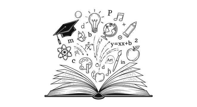 Open book with floating education symbols knowledge learning and creativity