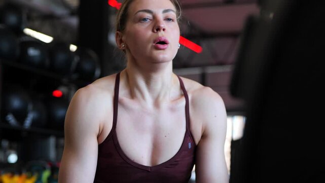 Tired Woman Resting On Rowing Machine After Intense Workout