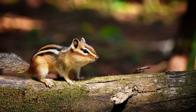 a small chipmunk is standing on a log in the woods