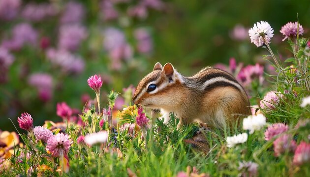 a small chipmunk is sitting in a field of flowers
