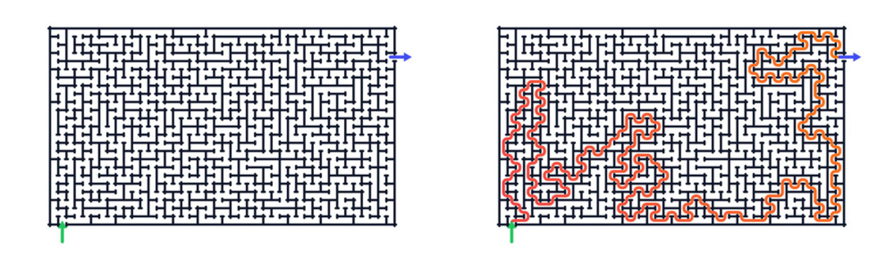 Maze puzzle solution with path highlighted in orange on white background  