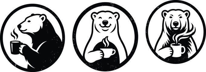 Vintage round polar bear coffee badge collection with cute bears holding steaming mugs vector illustration for arctic cafe logo © Mdjoshel 