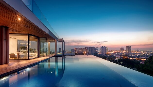 modern luxury villa with infinity pool overlooking city skyline at dusk modern architecture