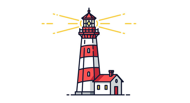 Illustrated lighthouse with red and white stripes and emanating light rays
