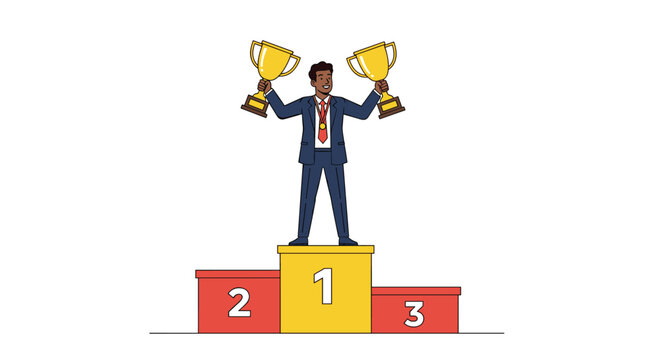 Triumphant businessman stands on the first place position of a podium holding two gold trophies to celebrate his win.