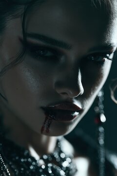 Cinematic shot of a gothic female vampire looking at the camera, dark eyeshadow, bloodstained lips, elegant jewelry. Pitch dark background, soft shadows, magazine cover style