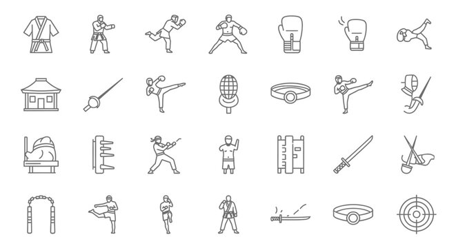 Martial arts icons karate taekwondo fencing boxing and weapons