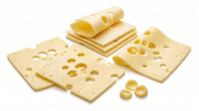 Sliced swiss cheese with characteristic holes arranged on a clean generated using ai