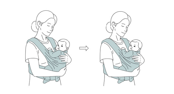Step by step instructions showing a mother correctly positioning her infant in a baby carrier for safe and comfortable transport.