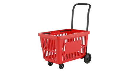 Fototapeta premium Red plastic shopping basket with a black handle and wheels, isolated on a white background, retail equipment for grocery store shopping