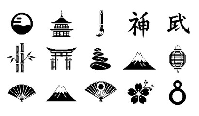 Naklejka premium Japanese Culture and Zen Pixel Art Icon Set with Enso Pagoda and Calligraphy Symbols in Retro 8 Bit Style