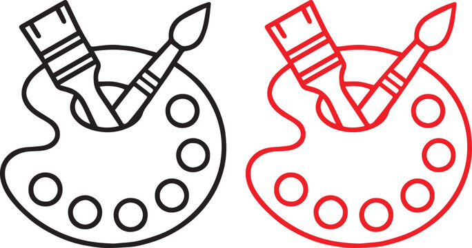 Minimalist artist palette icons set featuring black and red outlined designs with paint wells and brushes, symbolizing creativity, art, design, and painting concepts