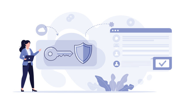 Tech savvy woman using a digital security key and a shield icon to protect sensitive data on a web page at her office.