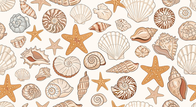 Beautiful seamless pattern featuring various types of hand drawn seashells and starfish in soft sandy colors for beach themes.