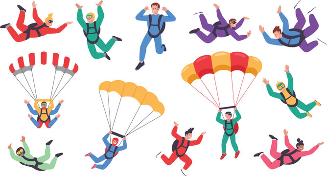 People skydiving and parachuting with colorful gear