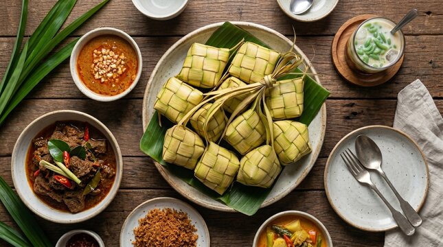 An overhead flat lay of a traditional Indonesian Eid festive table featuring a ketupat bundle on a banana leaf plate, beef rendang, peanut sauce, and a glass of es cendol dawet.
