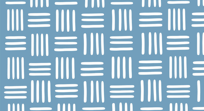 Abstract woven basket weave pattern featuring repeating white rounded lines on muted blue background for contemporary interior wallpaper and fabric design.