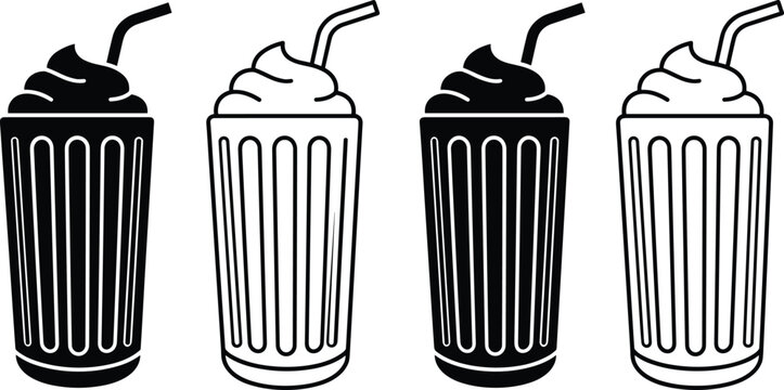 Milkshake and Smoothie Cup Icon Collection Featuring Cold Beverage Glasses, Dessert Drinks and Refreshment Symbols