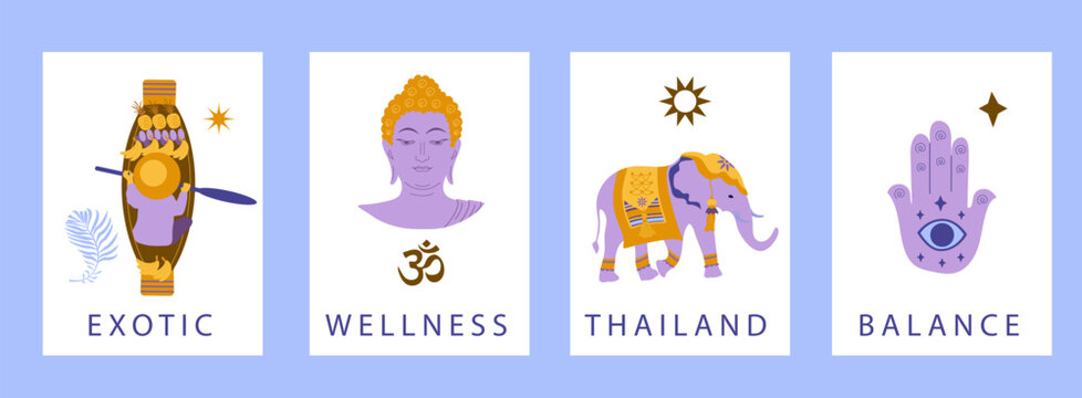 Minimalist Thailand poster set with exotic travel elements. Vector art bundle with elephant, buddha, hamsa hand and tropical boat on lavender background for spa and wellness wall decor.