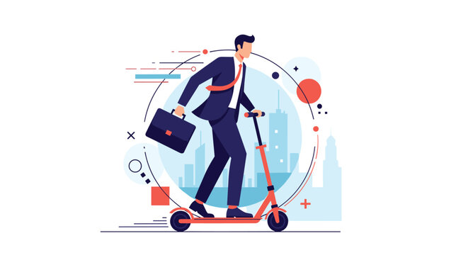 Energetic businessman wearing a suit and holding a briefcase riding an electric kick scooter quickly through an urban city environment.