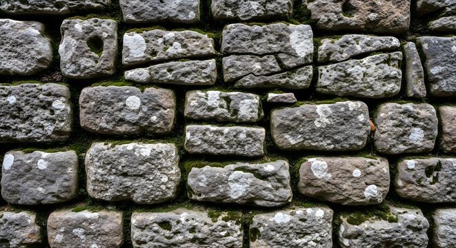 Stone wall constructed from weathered rectangular blocks shows moss growth and natural textural details.