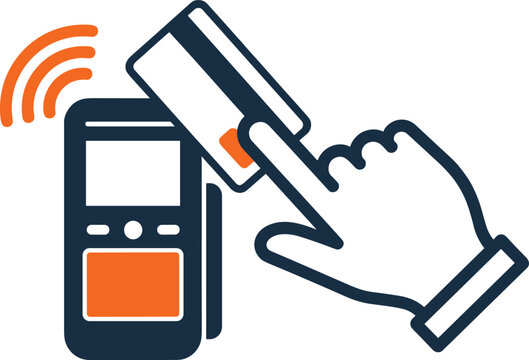 Contactless payment concept with credit card near terminal and hand gesture using wireless technology systems.