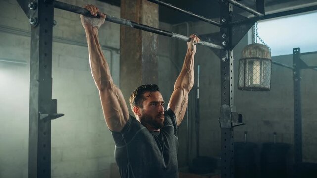 Muscular man performing pull ups in dimly lit industrial gym showcasing strength and fitness training workout