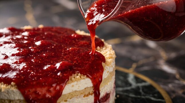 Luscious homemade layered cake being artfully adorned with a rich, vibrant red berry compote, cascading gracefully over creamy white frosting, an irresistible sweet creation