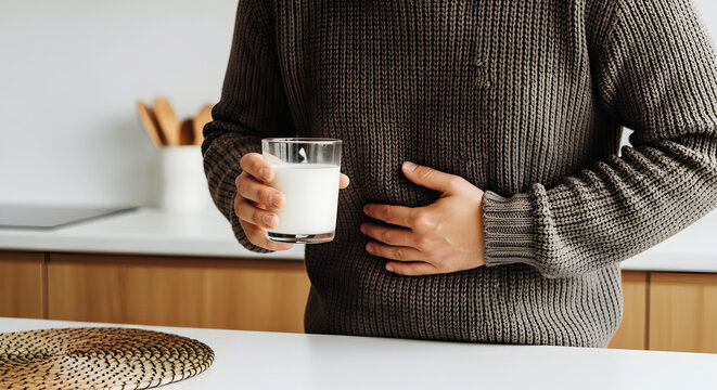 Person holding glass of milk with hand on stomach discomfort image