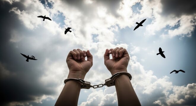 World day against trafficking in persons handcuffed wrists reaching towards freedom with birds in sky