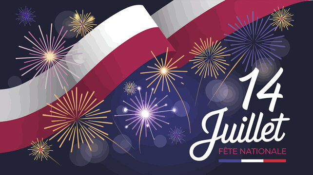 French Bastille Day celebration graphic with fireworks and national flag design
