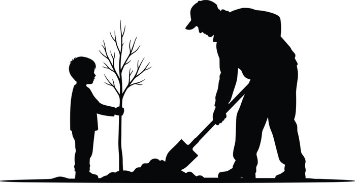 Tree planting silhouette with adult and child, environmental conservation, reforestation and community gardening concept illustration