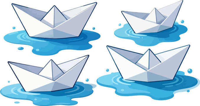 Paper boats, origami vessels, floating on water, blue liquid, minimalist icons