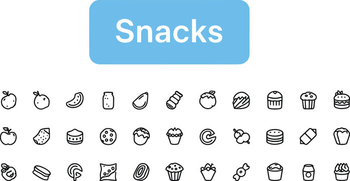 Snacks line icons set fruits packaged foods baked goods beverages cupcakes cookies modern illustration design concept