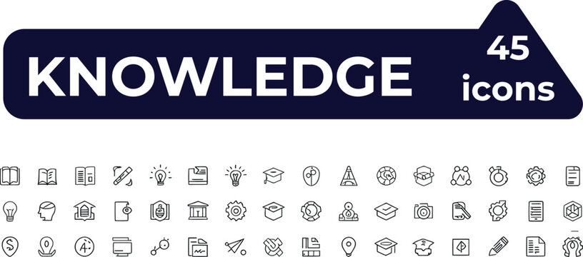 Knowledge line icons set education learning books graduation caps computers light bulbs modern illustration design concept
