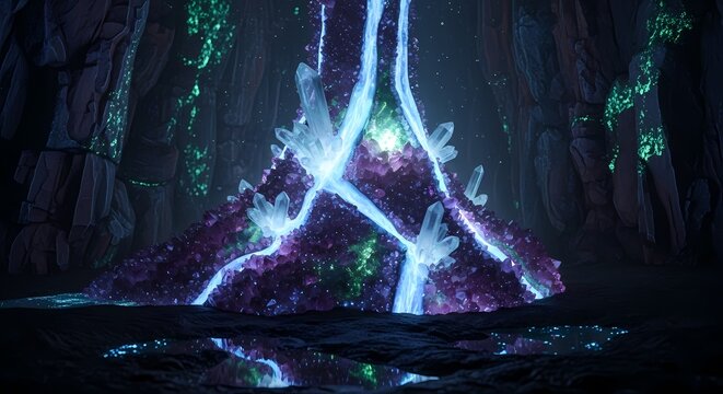 Mysterious glowing crystal formation with flowing energy in a dark cavern