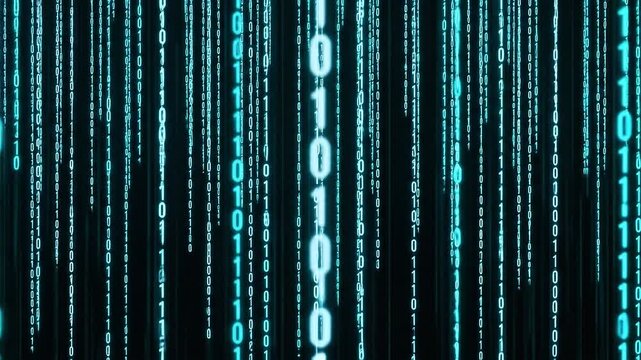 Futuristic binary code animation with glowing digital data stream, cyber security concept, and abstract programming background in high tech cyberspace.