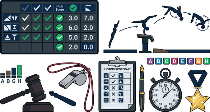 Artistic Gymnastics Judging and Scoring Vector Set with Digital Scoreboard Difficulty Levels Gavel Whistle Stopwatch and Medal Elements for Sports Graphic Designs