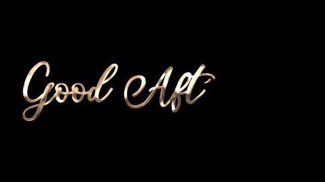 Golden "Good Afternoon" handwriting text animation with elegant metallic finish and ink splash effect. High-quality 4K video element with alpha channel transparent background.