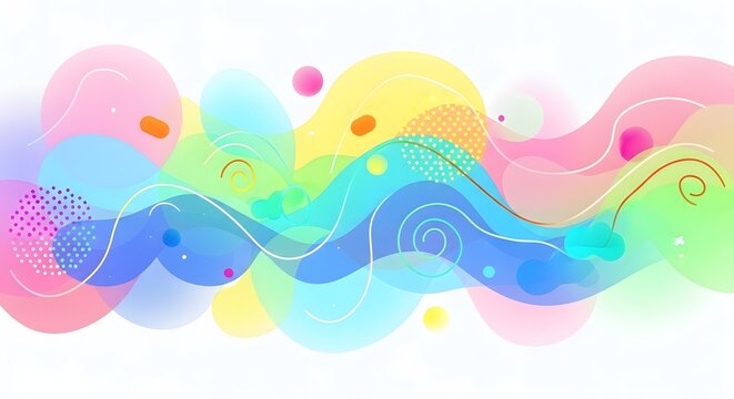 Abstract shapes and flowing lines blend together in a soft pastel gradient background design.